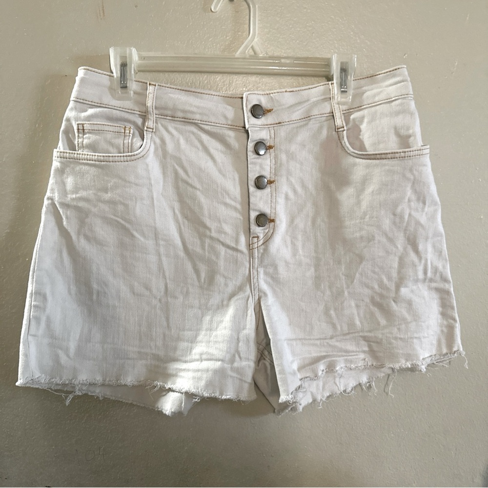 Boden Shorts Size 10 Cream Cut Offs Button Fly Raw Hem High Rise Denim 4” Inseam